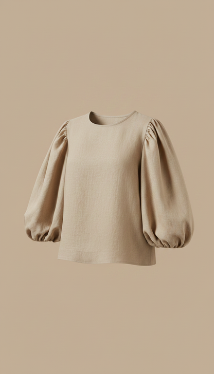 Puff Sleeve Linen Blend Top in Sand Beige — view 2