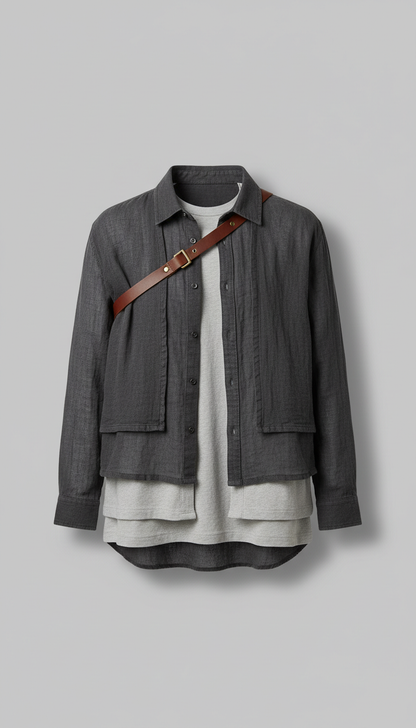 Cotton Blend Shirt with Leather Trim in Midnight