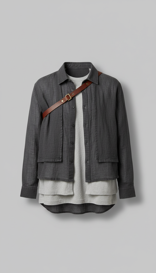 Cotton Blend Shirt with Leather Trim in Midnight