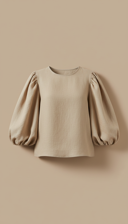 Puff Sleeve Linen Blend Top in Sand Beige