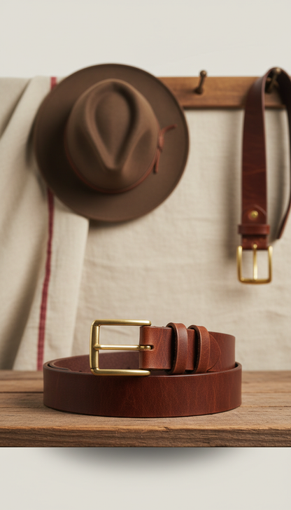 Full-grain Leather Work Belt with Buckle in Gold