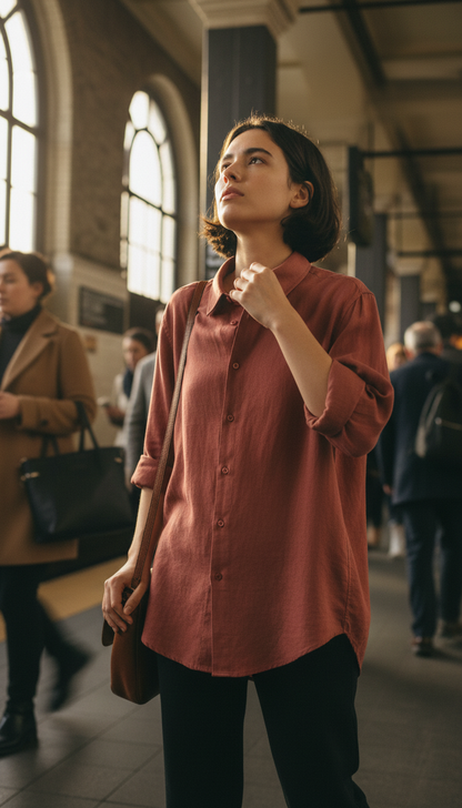 The Warren Linen Shirt in Brick Red — view 3
